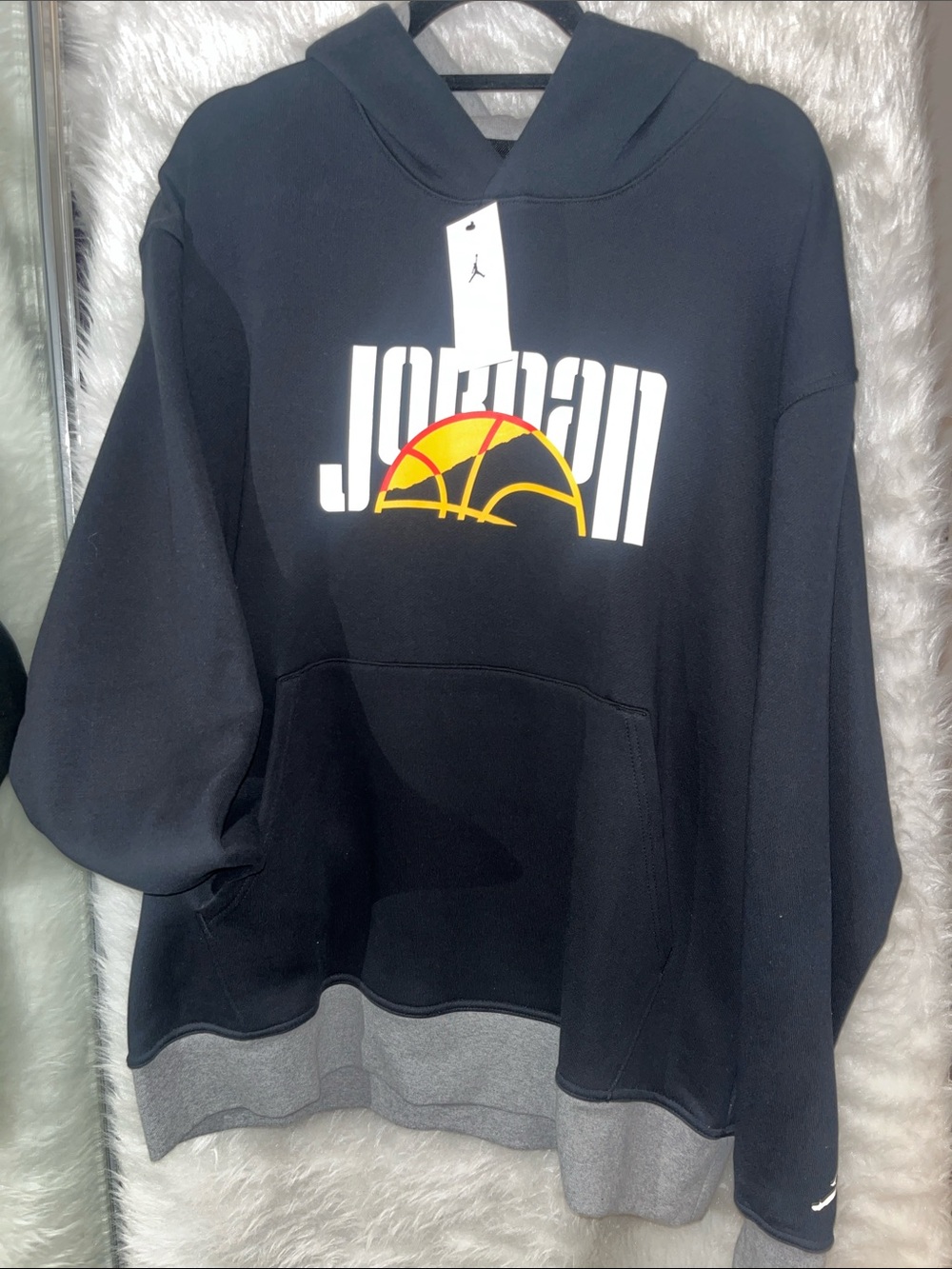 Jordan Black Crewneck Hoodie with White Logo and Yellow-Red Accent